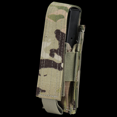 The Condor Single Pistol Mag Pouch in Scorpion OCP securely holds a black rectangular magazine with a Velcro flap closure.